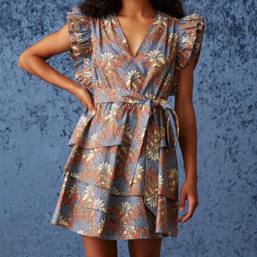 Marie Oliver Fiona Tiered Dress Pacific Palm, Size M 100% Cotton